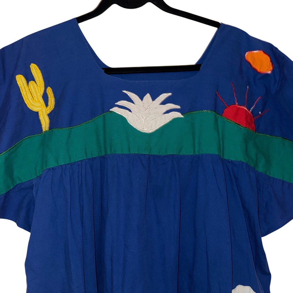 Vintage Blue Tropical Parrot Applique Muumuu Dress Short Sleeve Cactus Sun - Picture 3 of 6